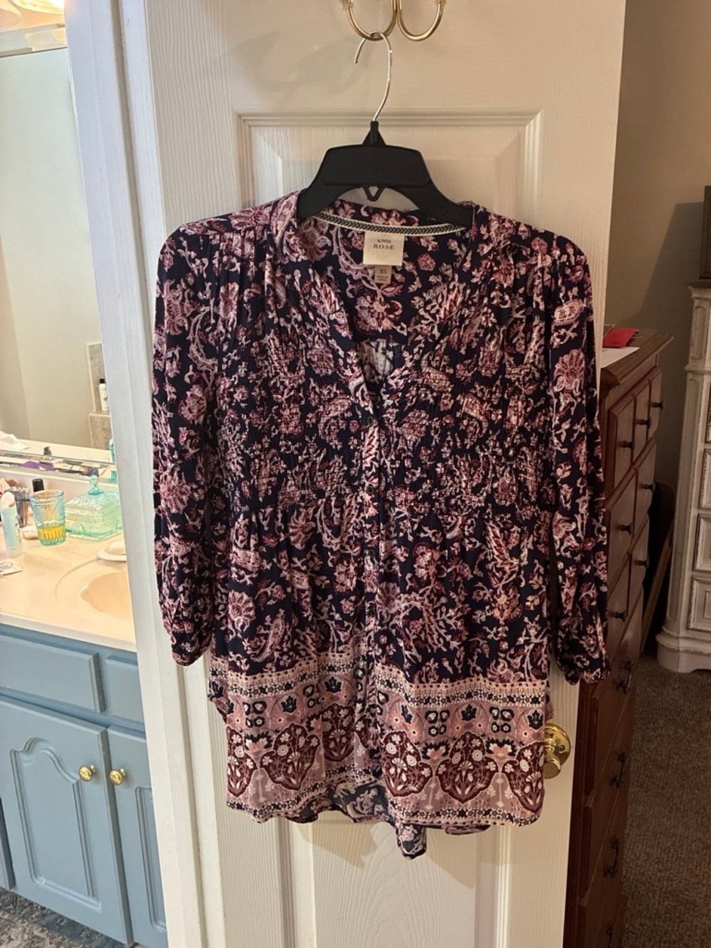 Knox Rose Pink Navy  Floral V-Neck Peasant Top SZ XS